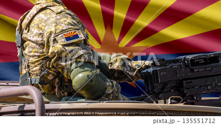 Arizona US state flag with soldier at machinegun turret Arizona US state flag with soldier at machinegun turret 135551712