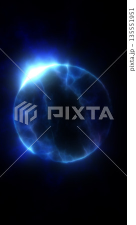 Glowing abstract blue sphere with plasma energy texture on dark background, symbolizing power and futuristic technology 135551951