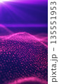Futuristic purple landscape of glowing digital particles forming waves under bright light rays 135551953