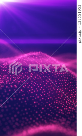 Futuristic purple landscape of glowing digital particles forming waves under bright light rays Futuristic purple landscape of glowing digital particles forming waves under bright light rays 135551953