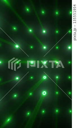Abstract grid of glowing green laser dots creating a futuristic digital pattern with perspective light beams and depth 135551954