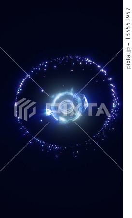 Futuristic blue energy core surrounded by orbiting particles, abstract digital sphere floating in dark space 135551957