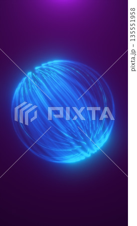 Glowing blue energy sphere made of flowing light strands on a purple background, symbolizing digital power and futuristic connectivity 135551958