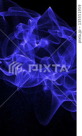 Floating blue particle mesh forming an intricate dynamic abstract structure on a dark background 135551959