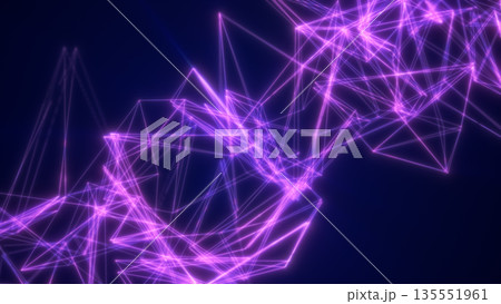 Vibrant purple digital mesh of interconnected lines forming geometric shapes and glowing energy patterns 135551961