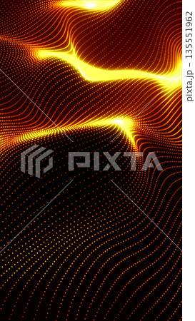 Flowing golden abstract grid of luminous dots forming dynamic waves, representing data, energy, and digital flow 135551962