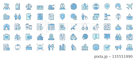Refugees immigration web icons set in line design. Duotone pictogram pack of human rights, ticket, train, passport, police officer, control, location, more outline stroke signs. Vector illustration. 135551990