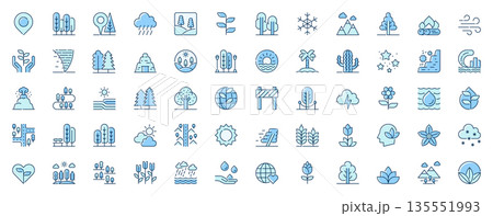 Nature landscape web icons set in line design. Duotone pictogram pack of location, forest, rain cloud, plant, trees, snow, mountain, support, ecology, more outline stroke signs. Vector illustration. 135551993