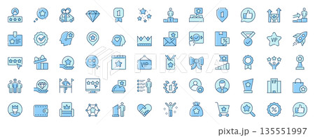Benefits exclusive web icons set in line design. Duotone pictogram pack of stars feedback, gifts, diamond, medal reward, crown, vip, loyalty, premium, more outline stroke signs. Vector illustration. 135551997