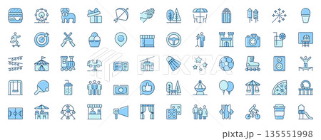 Amusement park web icons set in line design. Duotone pictogram pack of fast food, carousel, ferris wheel, gifts, cafe, fireworks, carnival, attraction, more outline stroke signs. Vector illustration. 135551998