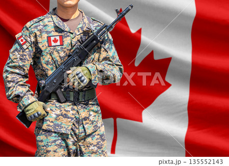 Canada flag with soldier holding assault rifle 135552143