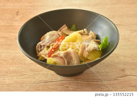stir fried pickled cabbage with slice pork stomach and chili on bowl 135552215