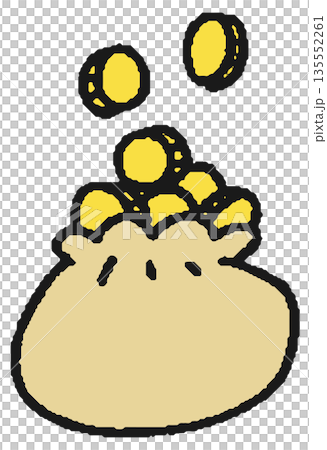 硬貨が入った袋の手描きイラスト 135552261