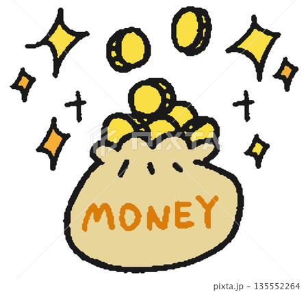 硬貨が入った袋の手描きイラスト 135552264