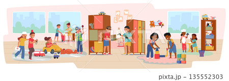 Several preschool children playing role game together in brightly colored kindergarten room scene 135552303