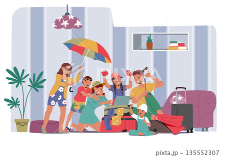 Happy family booking hotel and air tickets while preparing clothes for travel vacation cartoon scene Happy family booking hotel and air tickets while preparing clothes for travel vacation cartoon scene 135552307