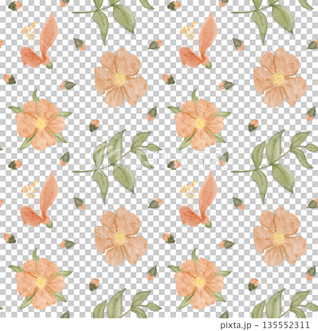 Seamless watercolor floral pattern peach flowers, green foliage in balanced botanical composition on white background. Elegant surface design for fashion textiles, wallpaper, packaging, home decor. 135552311