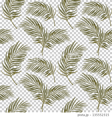 Seamless pattern with palm leaves on white background, hand painted in soft natural green tones, minimal tropical botanical texture for Easter decor, Palm Sunday design, packaging, fabric, stationery 135552315