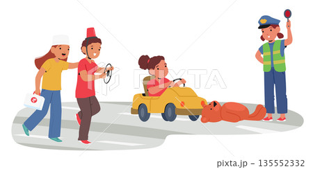 Preschool children playing role game with city road traffic accident scenario vector illustration 135552332