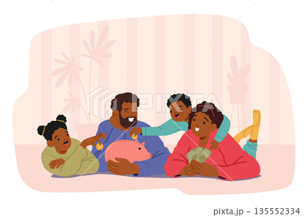 Cartoon scene with happy family members saving money and earnings in large pink piggy bank 135552334