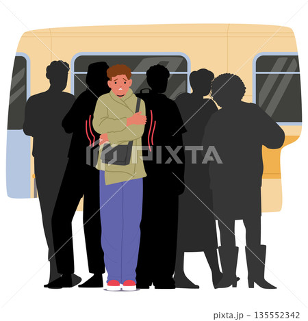 Young guy trembling body suffering from claustrophobia feeling social anxiety in underground subway 135552342
