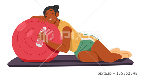 Tired exhausted woman athlete cartoon character feeling thirsty drinking water lying on fitness ball 135552348