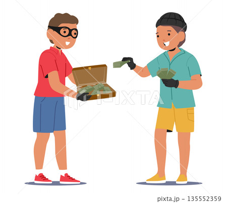 Cute preschool aged boys children cartoon characters playing role game imagining being robbers 135552359