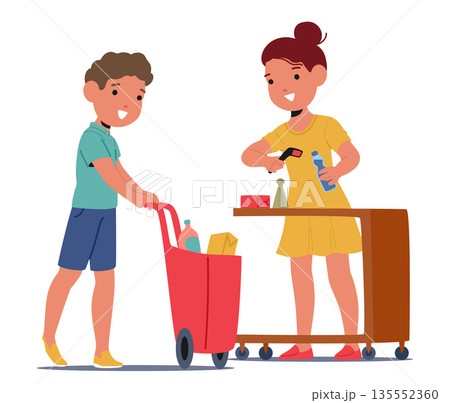 Girl child cashier at cash register and boy kid buyer with shopping basket isolated on white Girl child cashier at cash register and boy kid buyer with shopping basket isolated on white 135552360