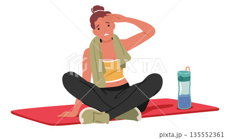 Tired woman cartoon character wiping sweat from forehead sitting on fitness mat vector illustration Tired woman cartoon character wiping sweat from forehead sitting on fitness mat vector illustration 135552361