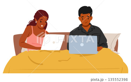 Man woman couple using laptop browsing internet and social media sitting side-by-side in home bed Man woman couple using laptop browsing internet and social media sitting side-by-side in home bed 135552398