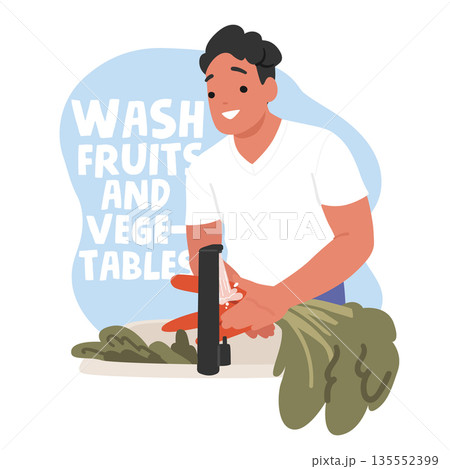 Happy smiling young guy character washing fresh carrots maintaining proper food hygiene poster Happy smiling young guy character washing fresh carrots maintaining proper food hygiene poster 135552399