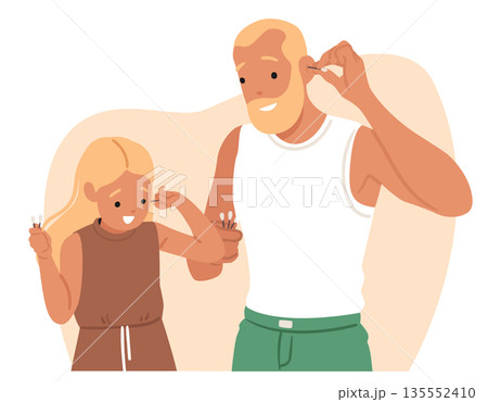 Father and daughter cartoon characters cleaning ears with cotton swabs hygiene routine scene Father and daughter cartoon characters cleaning ears with cotton swabs hygiene routine scene 135552410