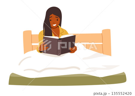 Young woman sitting in cozy bed with expression of pure joy and excitement while reading book Young woman sitting in cozy bed with expression of pure joy and excitement while reading book 135552420