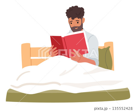Interested man cartoon character reading paper book enjoying literature hobby while relaxing in bed Interested man cartoon character reading paper book enjoying literature hobby while relaxing in bed 135552428