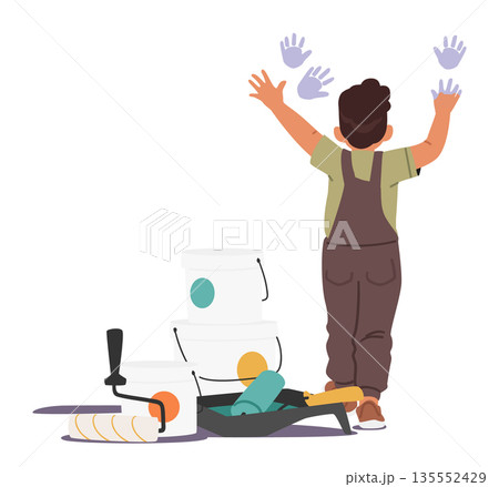 Cheerful boy child cartoon character putting colorful palms traces on wall during home renovation Cheerful boy child cartoon character putting colorful palms traces on wall during home renovation 135552429