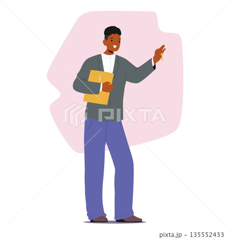 Relator male cartoon character giving key and contract for singing offering profitable ownership 135552433