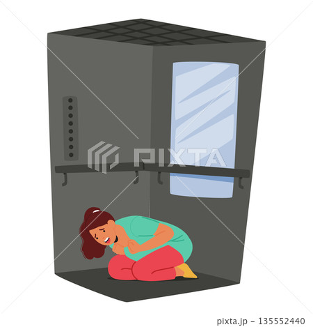 Teenage girl cartoon character screaming feeling breathless during panic attack in elevator Teenage girl cartoon character screaming feeling breathless during panic attack in elevator 135552440