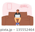Preteen boy child cartoon character using laptop computer sitting alone on home sofa scene 135552464