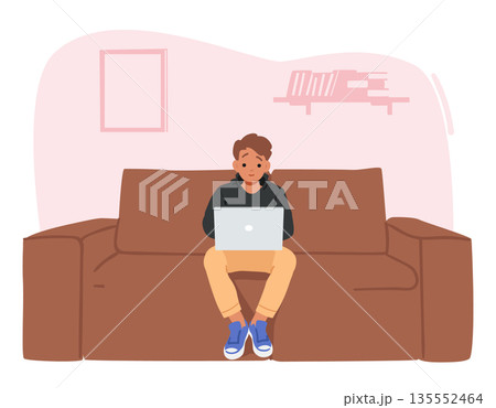 Preteen boy child cartoon character using laptop computer sitting alone on home sofa scene 135552464
