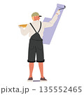 Man cartoon character painting wall using long-handled paint roller engaged in home renovation 135552465