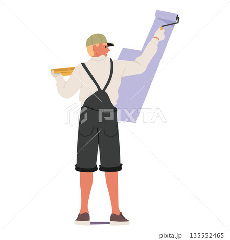 Man cartoon character painting wall using long-handled paint roller engaged in home renovation 135552465