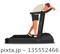 Tired young sportsman cartoon character feeling exhausted training on treadmill isolated on white 135552466