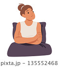Young woman cartoon character sitting in bed with deeply frowning and unhappy expression on her face 135552468