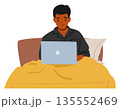 Man cartoon character using laptop computer for distance work, studying or rest in home bed 135552469