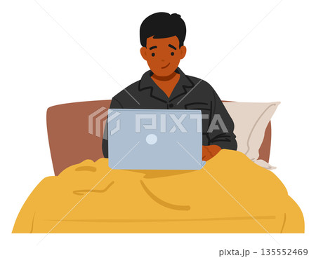 Man cartoon character using laptop computer for distance work, studying or rest in home bed 135552469