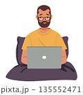 Overworked man freelancer cartoon character in eyeglasses with laptop sitting in bed late at night 135552471