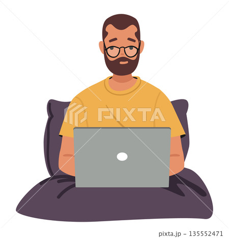 Overworked man freelancer cartoon character in eyeglasses with laptop sitting in bed late at night 135552471