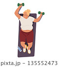Tired fat woman lying on fitness mat holding dumbbells in her hands expressing extreme fatigue 135552473