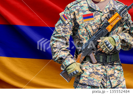 Armenia flag with soldier holding assault rifle 135552484