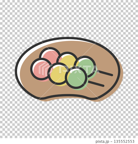 Illustration of a simple Japanese sweet of three-colored dumplings on a plate Illustration of a simple Japanese sweet of three-colored dumplings on a plate 135552553